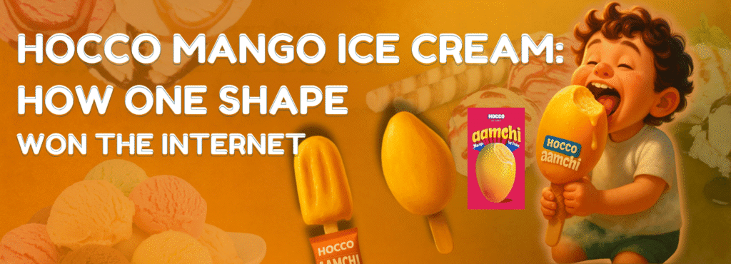 Promotional banner of Hocco Mango Ice Cream featuring a mango-shaped ice cream in a vibrant summer setting, symbolizing product-led marketing success.