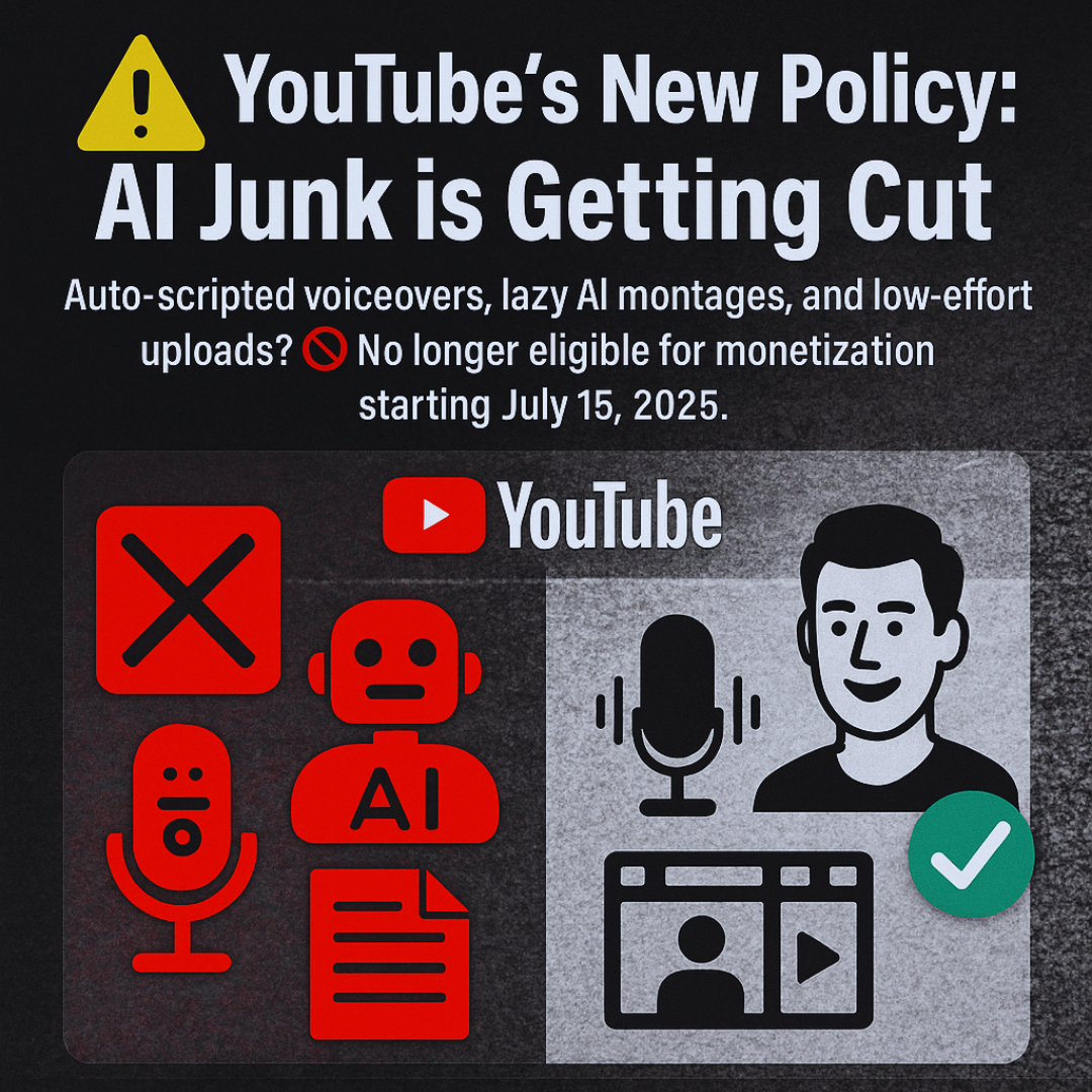 Visual showing YouTube's 2025 AI monetization update with a warning against scripted AI content and a green check for human-created videos with voice, face, and storytelling.