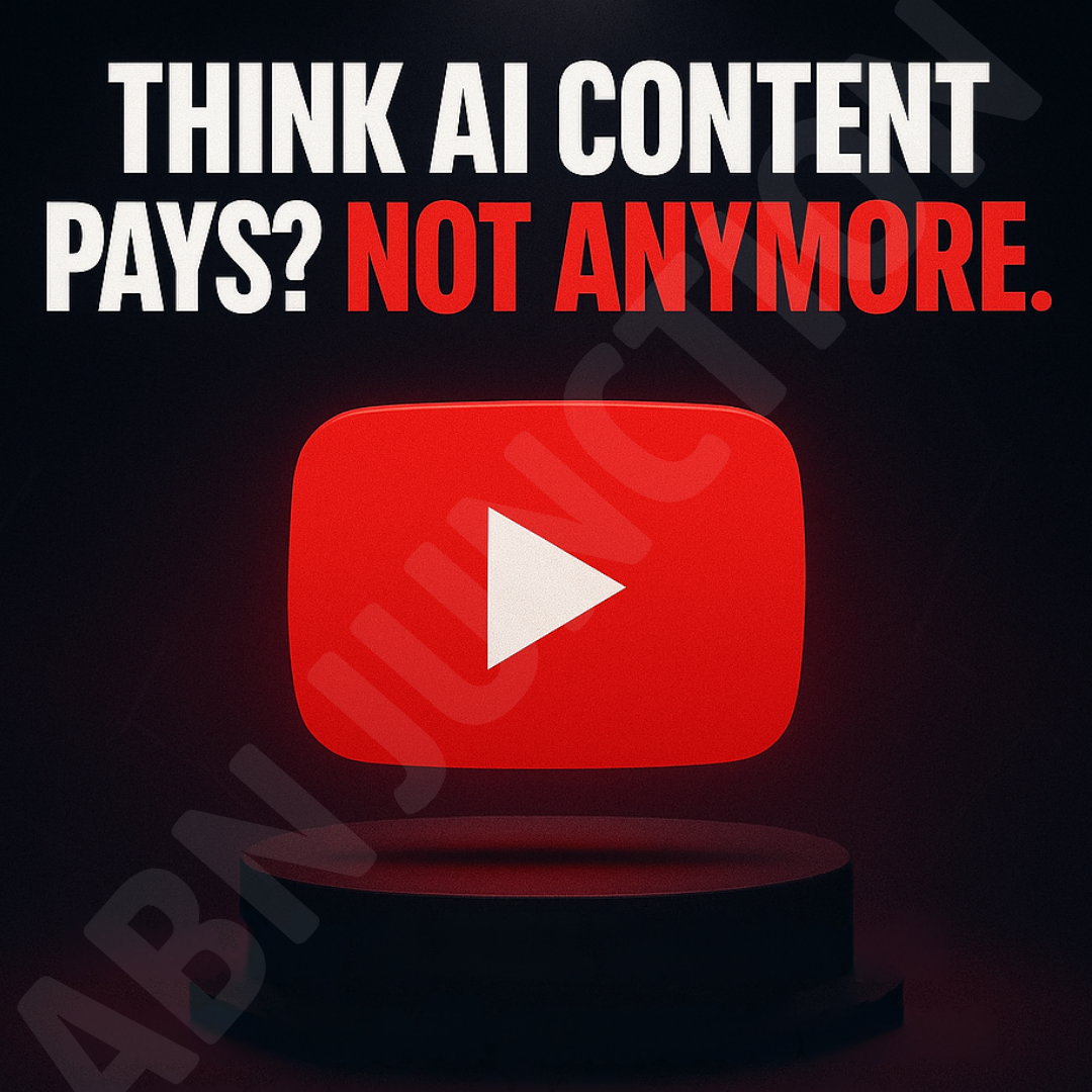 Bold text says “Think AI Content Pays? Not Anymore” with a YouTube logo underneath, warning about YouTube’s 2025 demonetization policy for AI-generated videos.